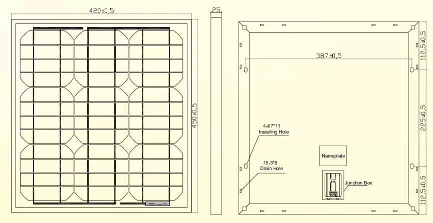 EnergyPal Blue Solaria Solar Panels drawing/design of 25W solar panel drawing/design of 25W solar panel